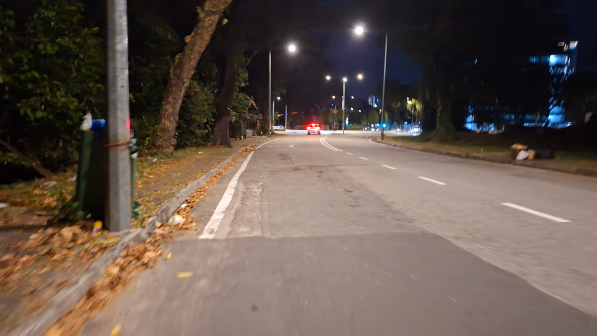 A road at night with streetlights and a trash bin on the left