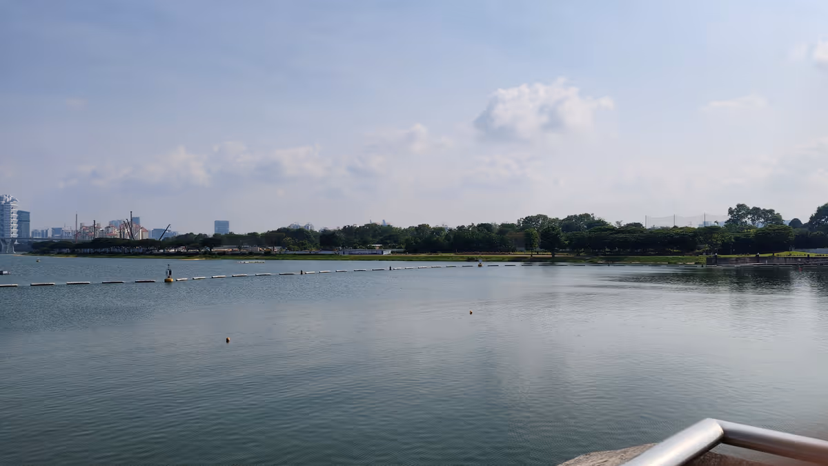 A lake and a clear cloud and trees.