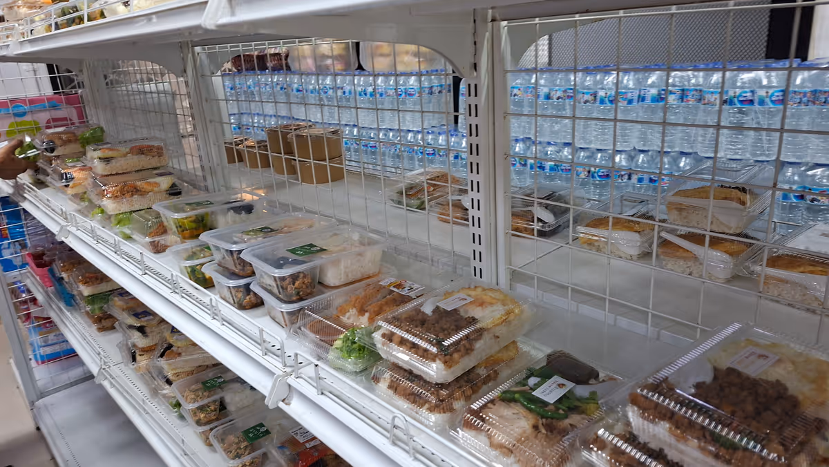 Food boxes on the shelf.