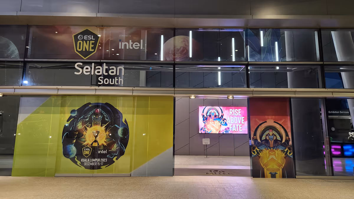 An entrance with a DOTA 2 themed glass wall